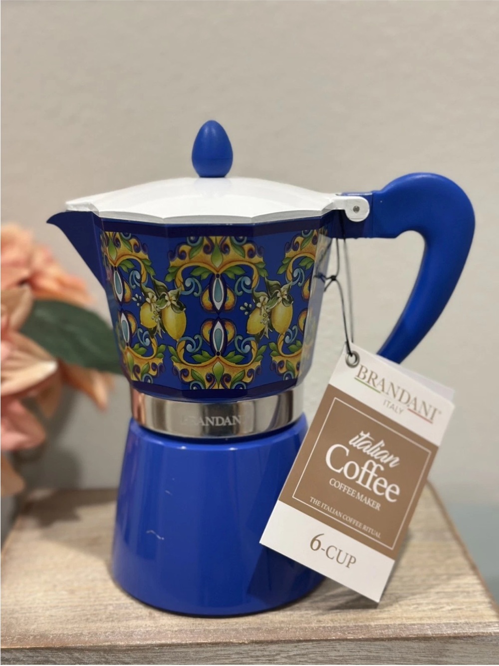 Brandani Italy Blue &Lemons Coffee Maker Moka Pot Stovetop Aluminum 6
Cup NEW
